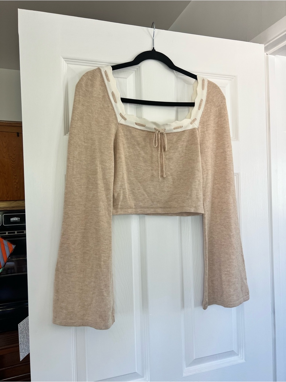 Beige Square-Neck Tie Front Crop Top